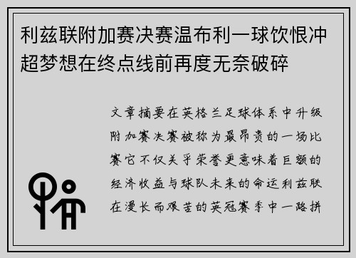 利兹联附加赛决赛温布利一球饮恨冲超梦想在终点线前再度无奈破碎