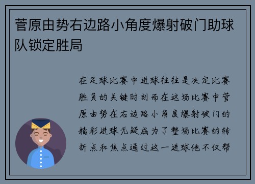 菅原由势右边路小角度爆射破门助球队锁定胜局