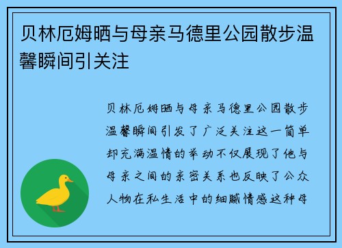 贝林厄姆晒与母亲马德里公园散步温馨瞬间引关注